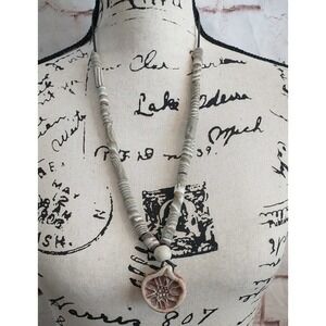CLAY POTTERY BEADED Medallion PENDANT NECKLACE Earth Tone Nature Natural Gorp